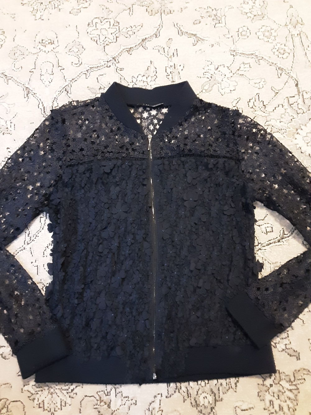 Tahari Navy Lace Bomber Jacket